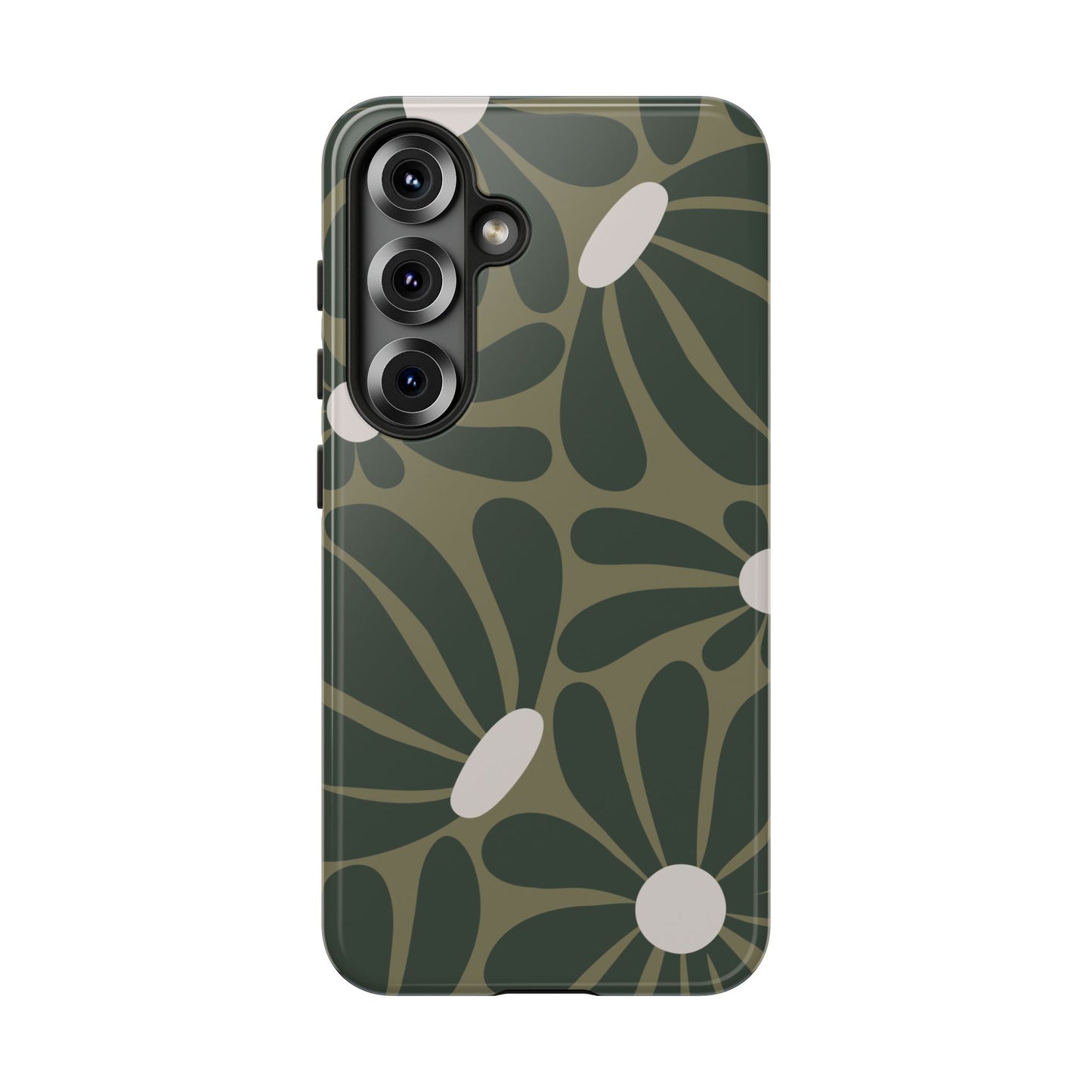 Samsung Galaxy S25 / Glossy Phone Case - ’Retro Olive Green Daisy Pattern’ Phone Case