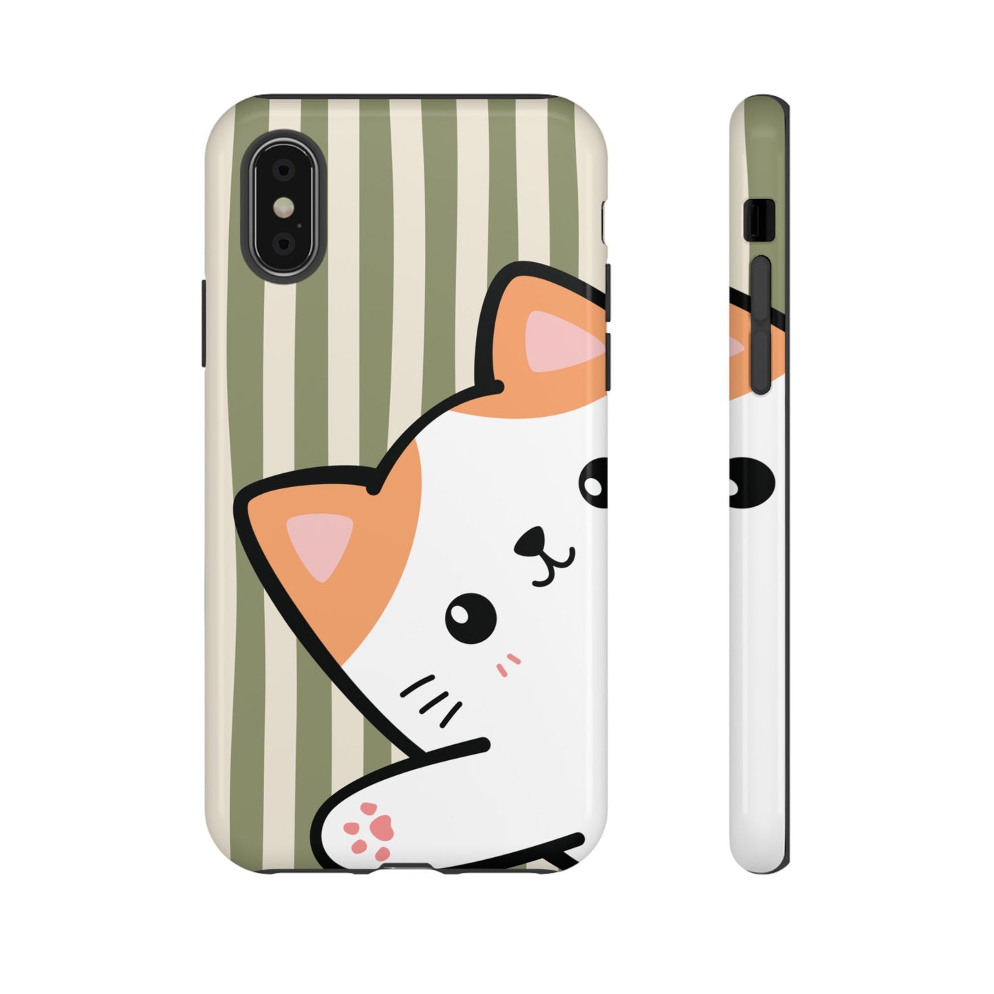 iPhone XS / Glossy Phone Case - Peakaboo Cat with Green Stripe Pattern Phone Case