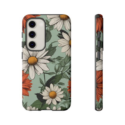 Samsung Galaxy S23 / Glossy Phone Case - Boho Chic Daisies Floral Pattern ’White & Orange’ Phone Case