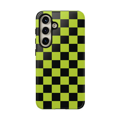 Samsung Galaxy S24 / Glossy Phone Case - Trendy Neon Lime Green & Black Checked Pattern Phone Case