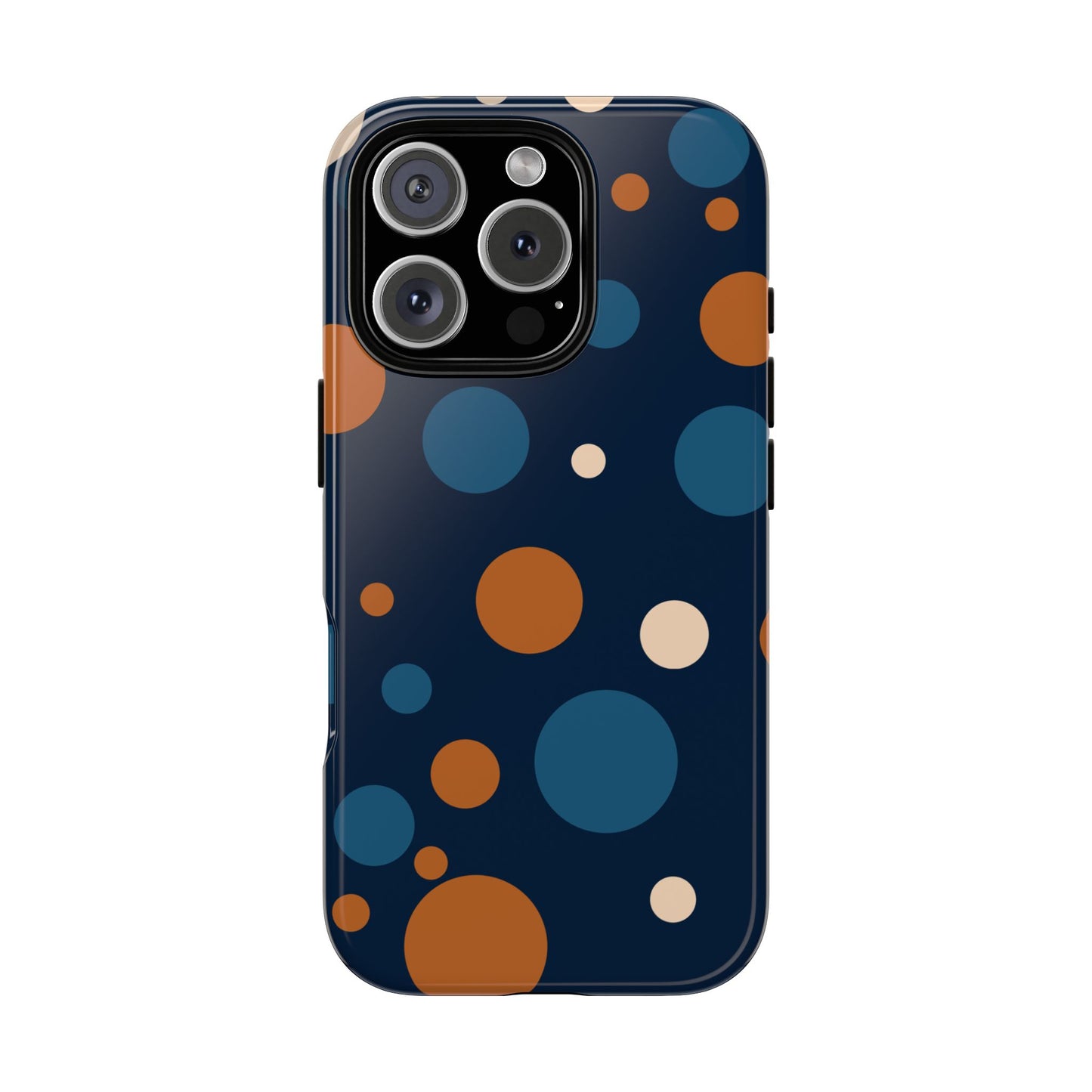 iPhone 16 Pro / Glossy Phone Case - ’Bold Navy Blue & Orange / White Dot Pattern’ Phone Case