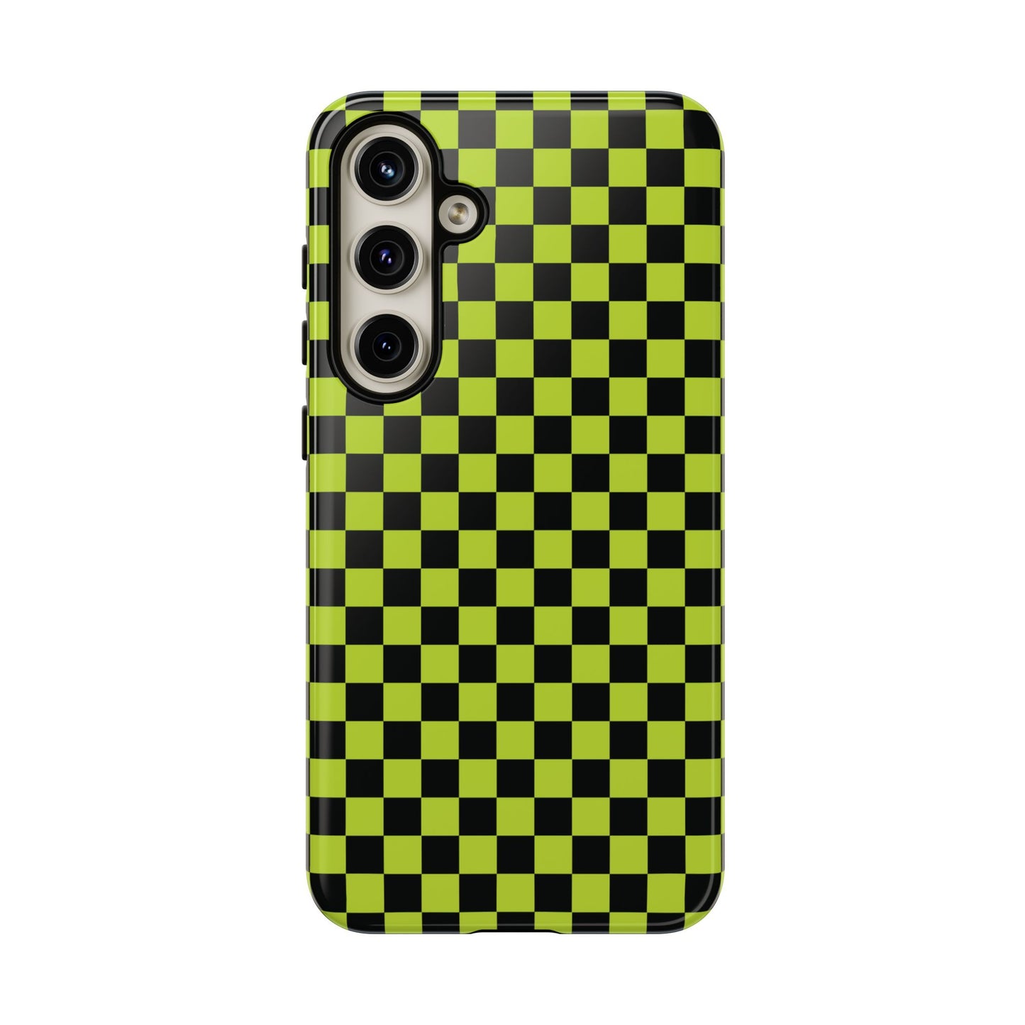 Samsung Galaxy S24 Plus / Glossy Phone Case - Trendy Neon Lime Green & Plum Small Checked Pattern Phone Case