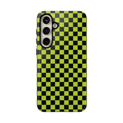 Samsung Galaxy S24 Plus / Glossy Phone Case - Trendy Neon Lime Green & Plum Small Checked Pattern Phone Case