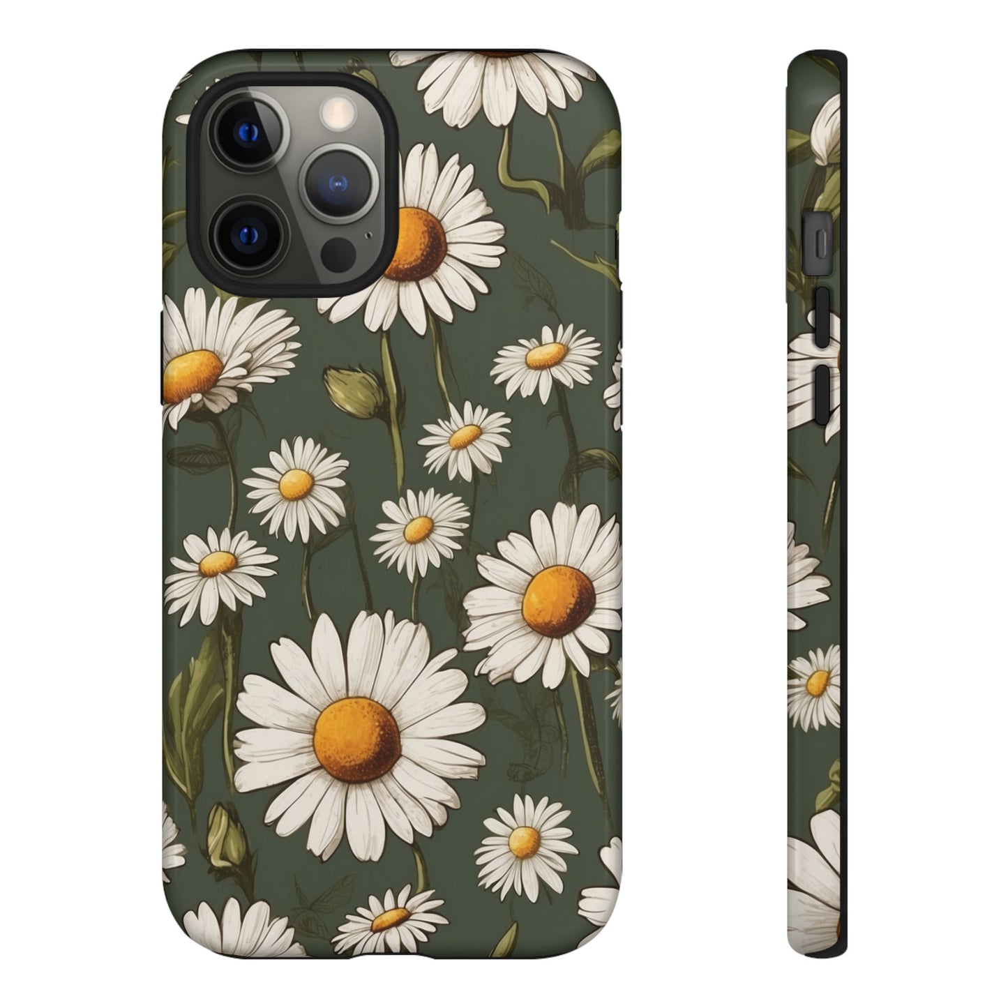 iPhone 12 Pro Max / Glossy Phone Case - Boho Chic Daisies Floral Pattern ’White & Green’ Phone Case