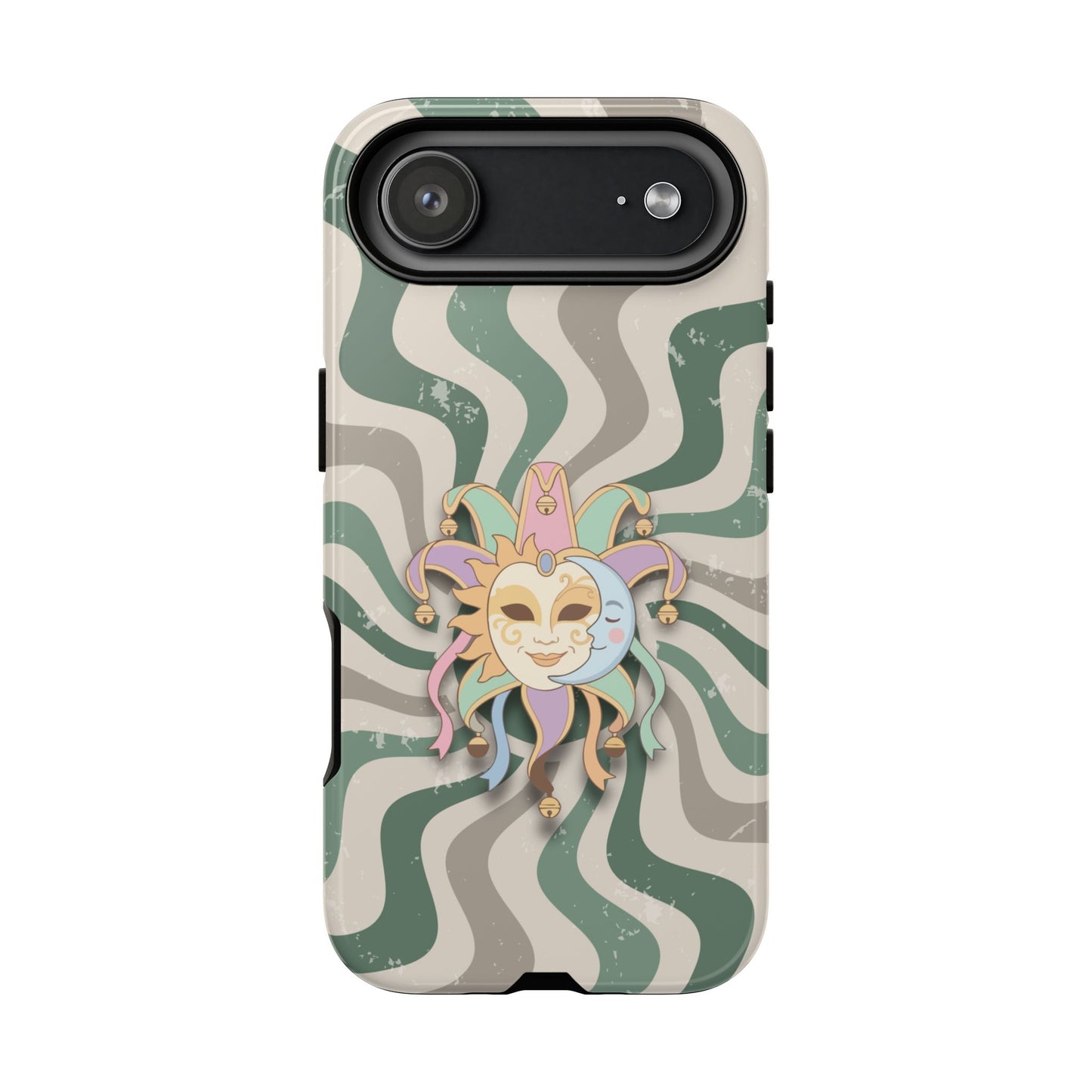 iPhone 17 Air / Glossy Phone Case - Sun & Moon Jester Mask – Green Retro Wave Phone Case