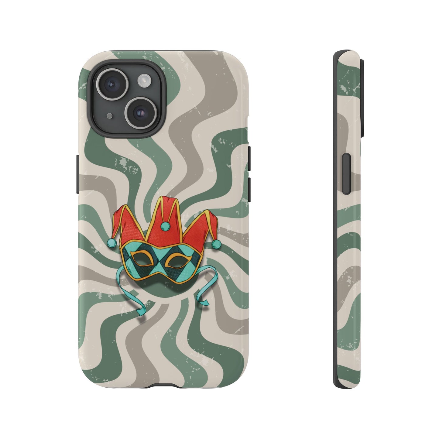 iPhone 15 / Glossy Phone Case - Venetian Jester Mask – Green Retro Soft Revival Phone Case