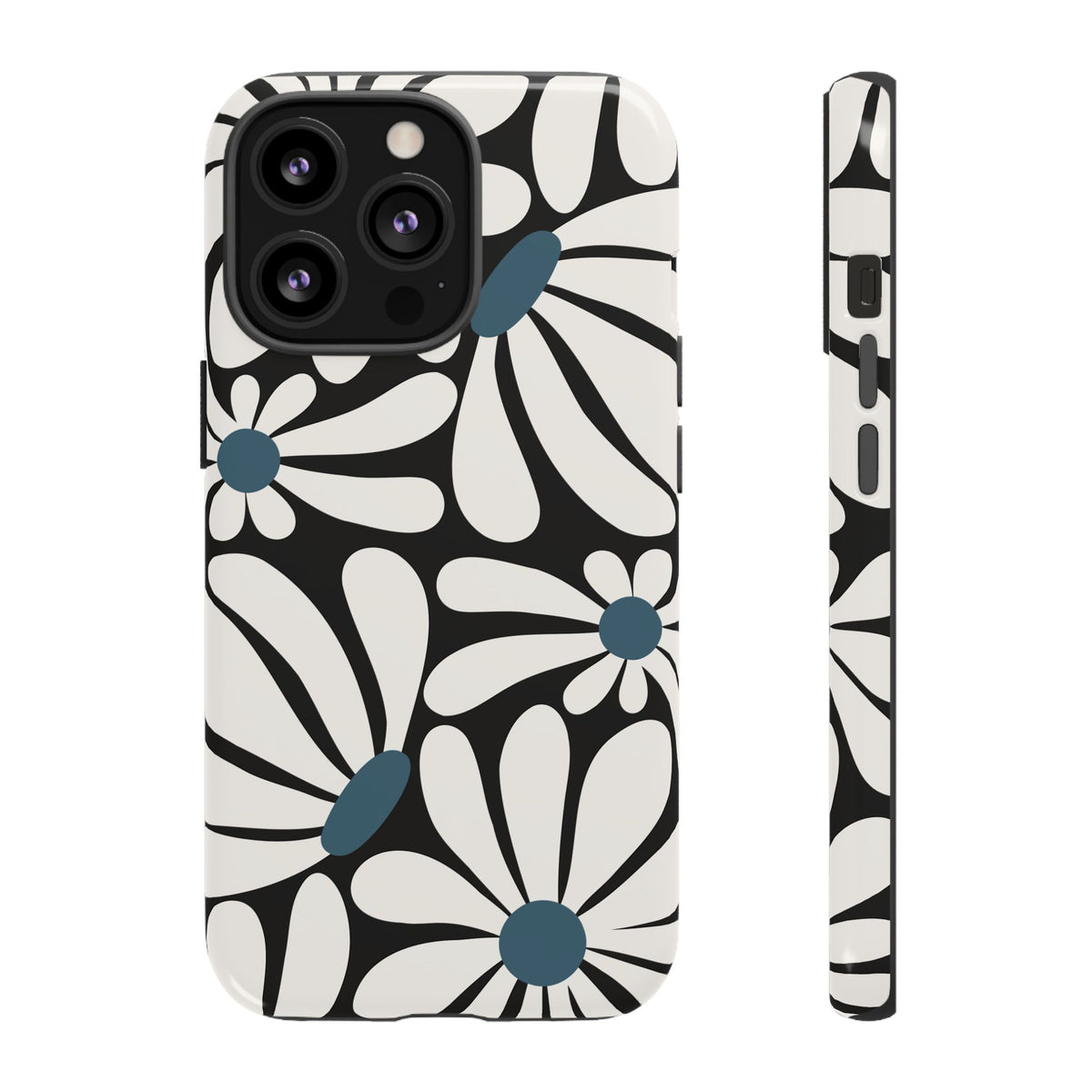 Retro Black Daisy Pattern Phone Case - Black Phone Case - iPhone 13 Pro / Glossy