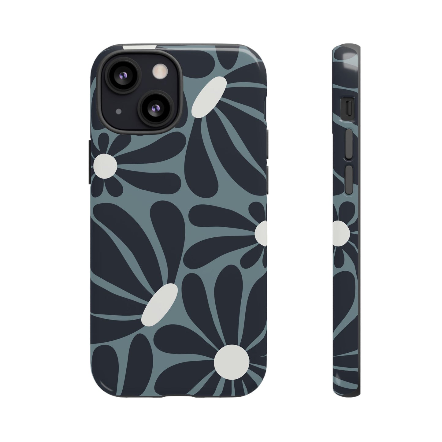 iPhone 13 Mini / Glossy Phone Case - ’Retro Navy Blue & White Daisy Pattern’ Phone Case