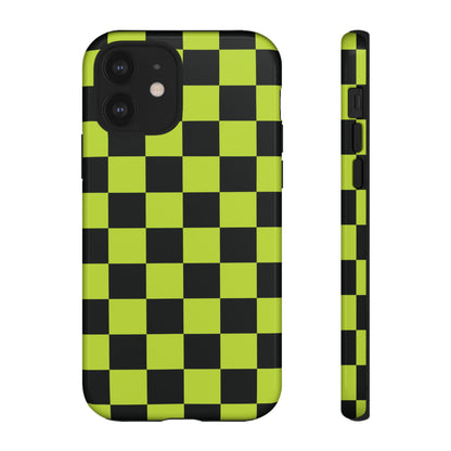 Trendy Neon Lime Green & Black Checked Pattern Phone Case - Green Phone Case - iPhone 12 / Glossy