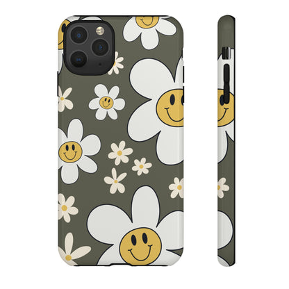 iPhone 11 Pro Max / Glossy Phone Case - Fun Retro Daisy Pattern with Olive Green Background Phone Case