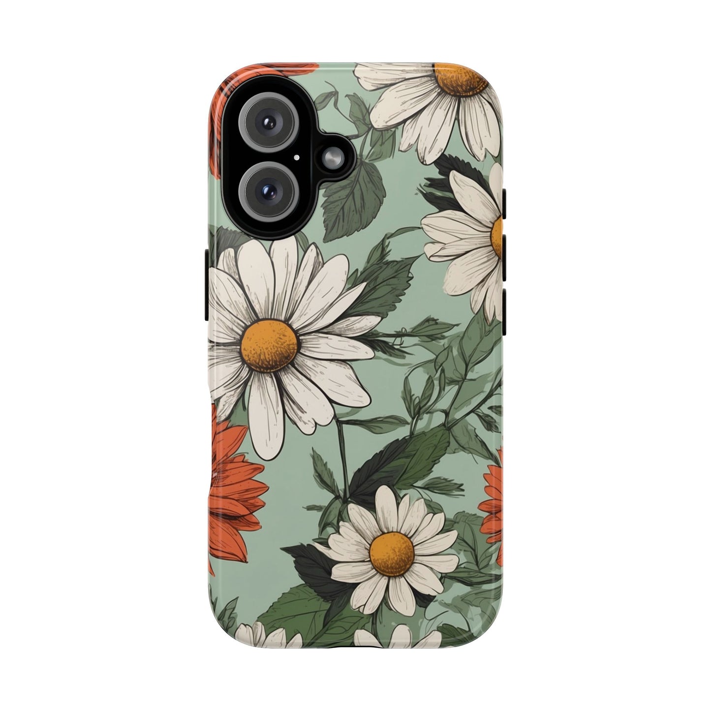 iPhone 16 / Glossy Phone Case - Boho Chic Daisies Floral Pattern ’White & Orange’ Phone Case