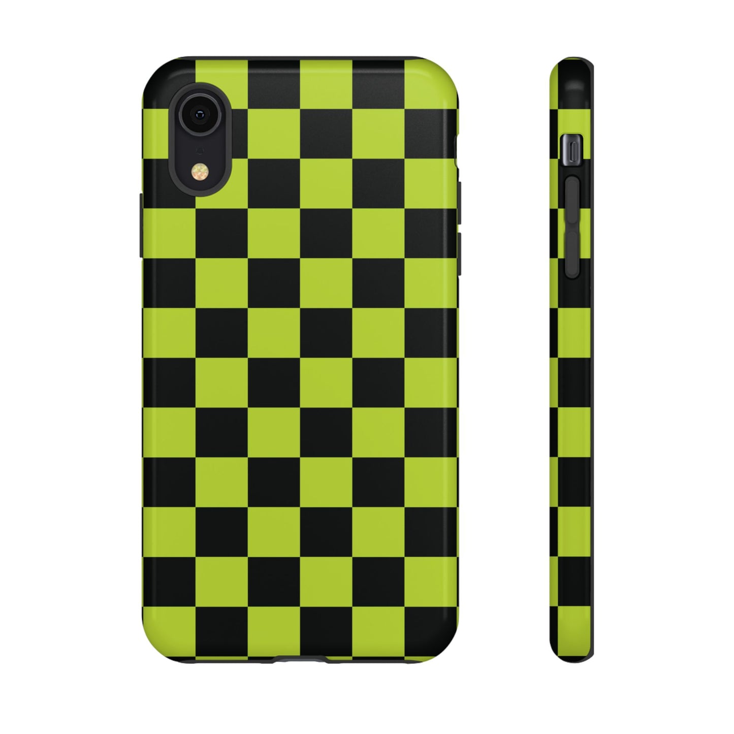 iPhone XR / Glossy Phone Case - Trendy Neon Lime Green & Black Checked Pattern Phone Case