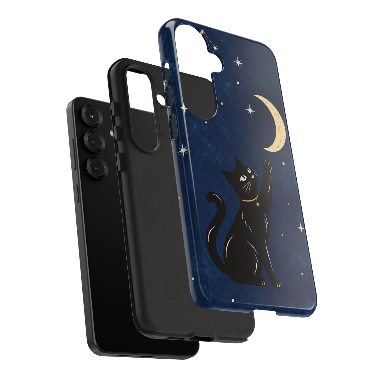 Whimsical Navy Blue Celestial Black Cat Phone Case