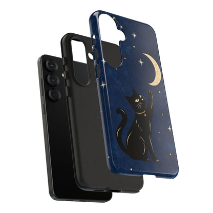 Whimsical Navy Blue Celestial Black Cat Phone Case