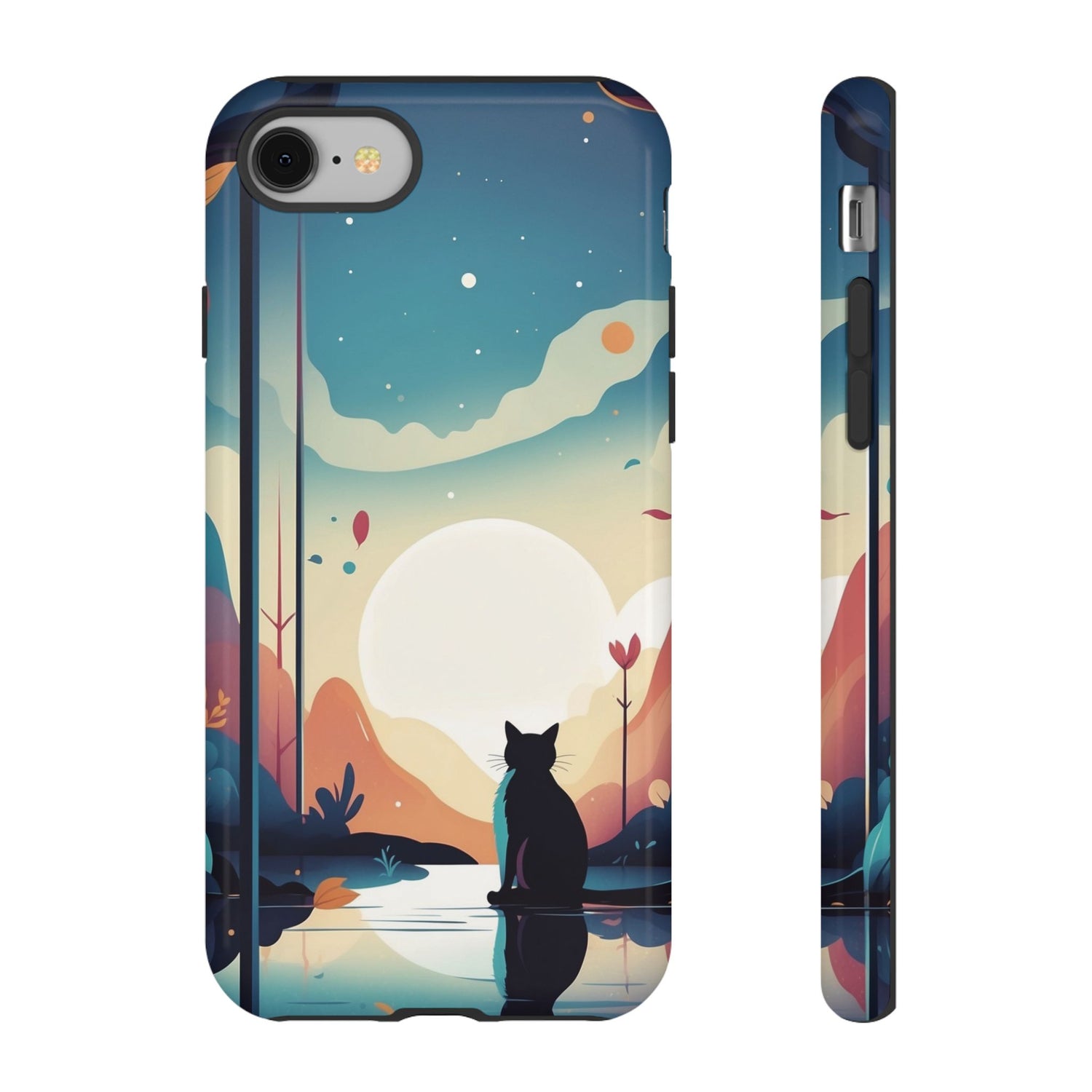 iPhone 8 / Glossy Phone Case - Stylised Cat & Moon Design Phone Case