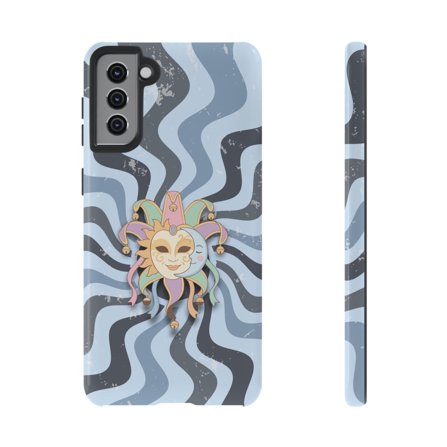 Samsung Galaxy S21 Plus / Glossy Phone Case - Sun & Moon Jester Mask – Blue Retro Wave Phone Case