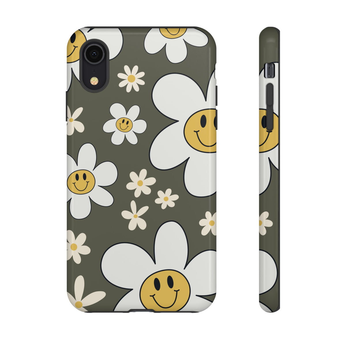 Fun Retro Daisy Pattern with Olive Green Background Phone Case - Green Phone Case - iPhone XR / Glossy