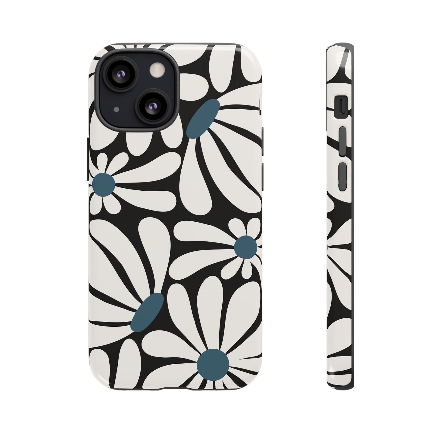 iPhone 13 Mini / Glossy Phone Case - Retro Black Daisy Pattern Phone Case