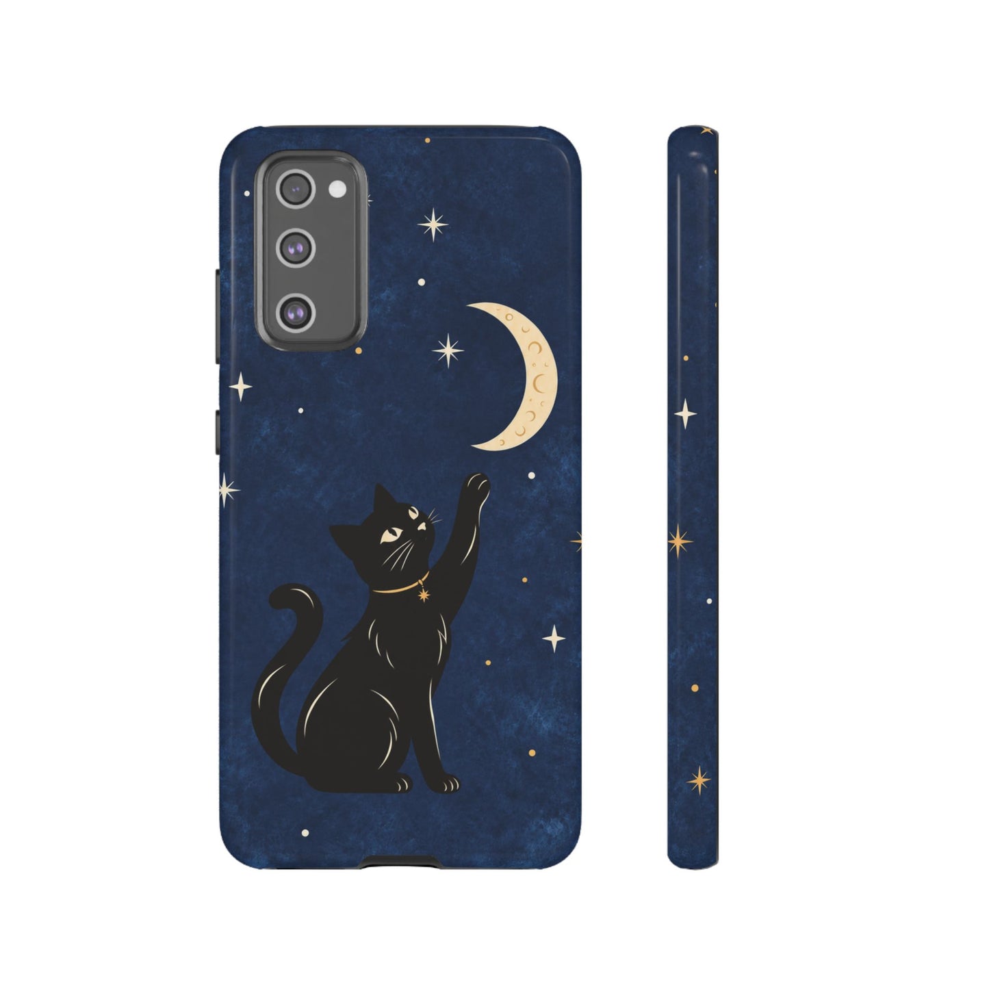 Whimsical Navy Blue Celestial Black Cat Phone Case