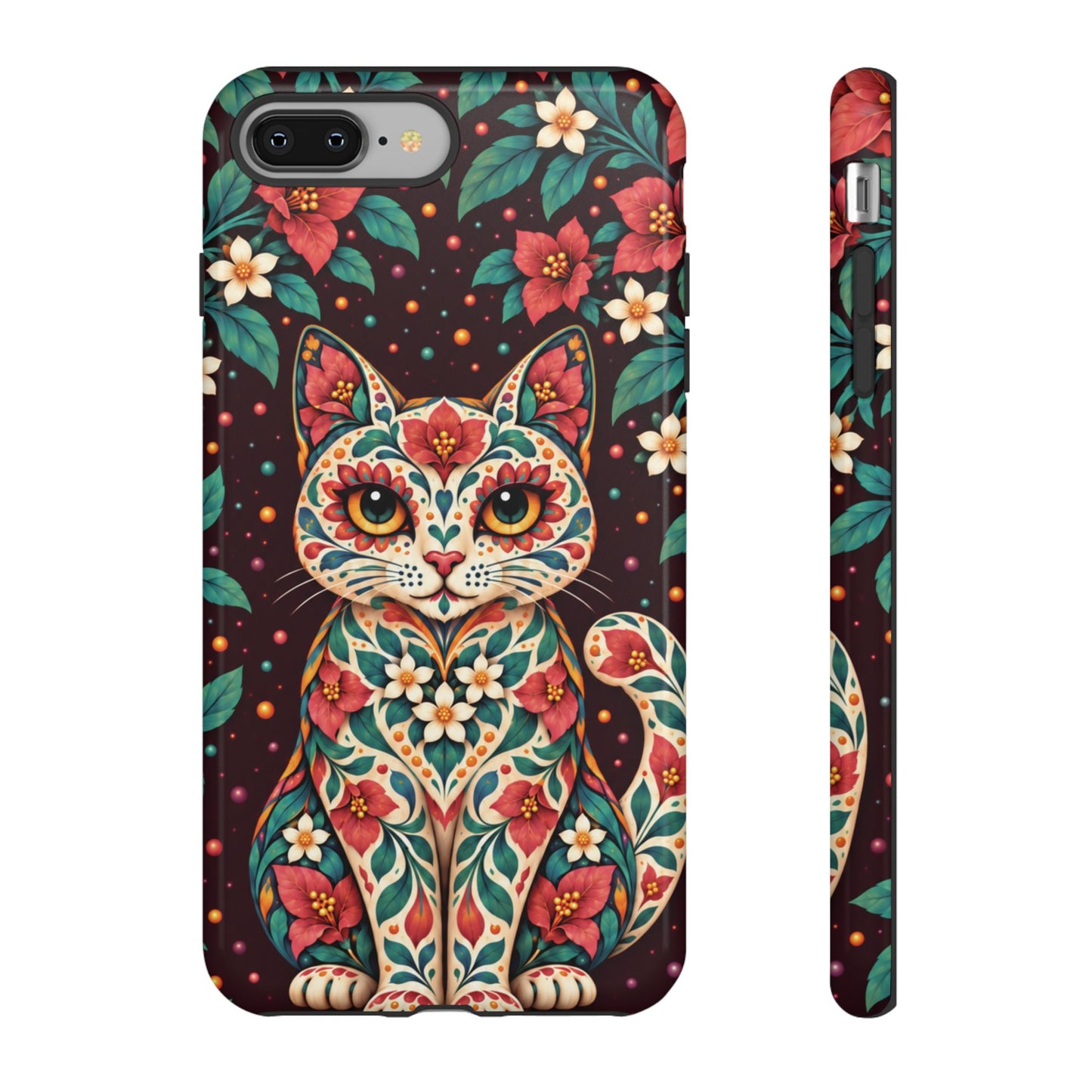 Vibrant Terracotta and Teal Calavera Cat Phone Case - Multicolor Phone Case - iPhone 8 Plus / Glossy