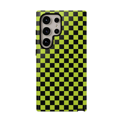 Samsung Galaxy S24 Ultra / Glossy Phone Case - Trendy Neon Lime Green & Plum Small Checked Pattern Phone Case