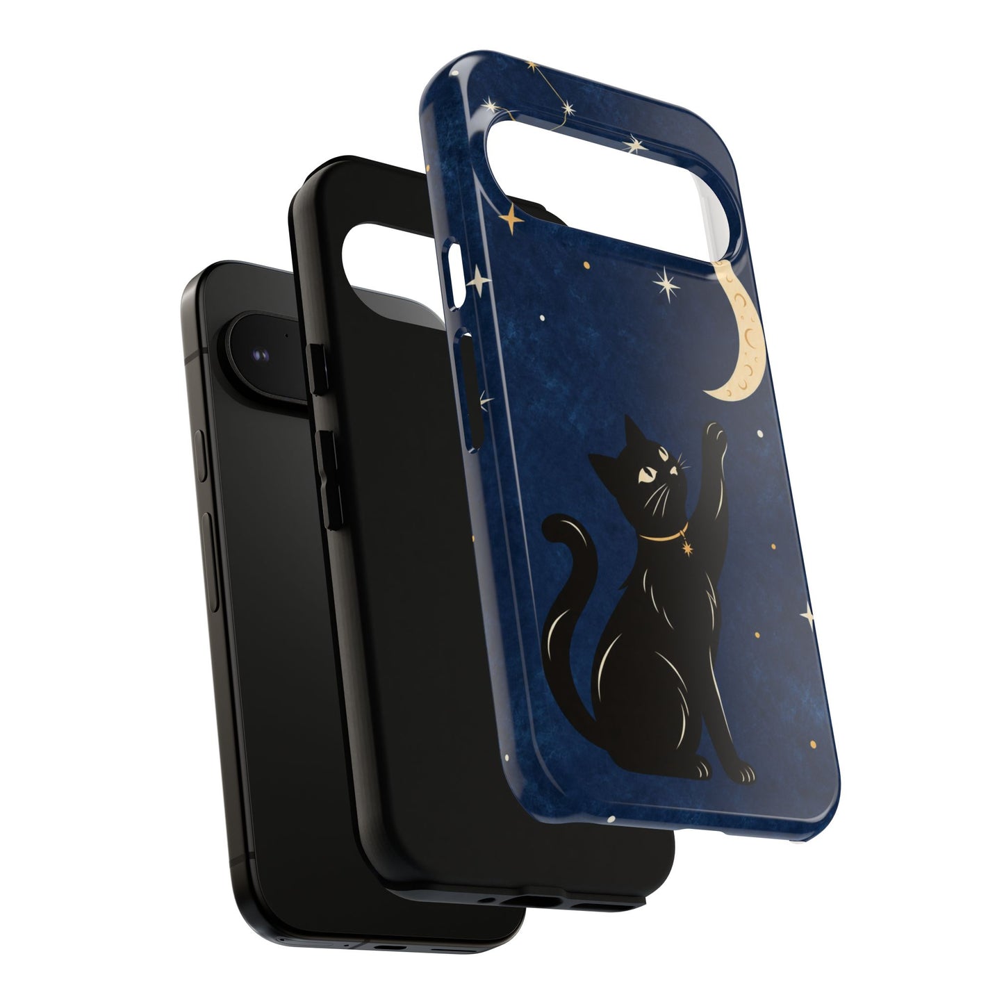 Whimsical Navy Blue Celestial Black Cat Phone Case