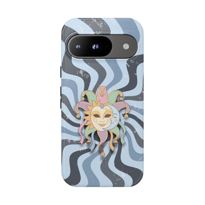 Google Pixel 9 / Glossy Phone Case - Sun & Moon Jester Mask – Blue Retro Wave Phone Case