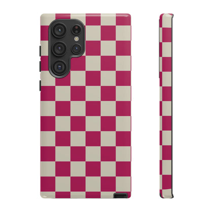 Samsung Galaxy S22 Ultra / Glossy Phone Case - ’Pink & White Checkered Pattern’ Phone Case