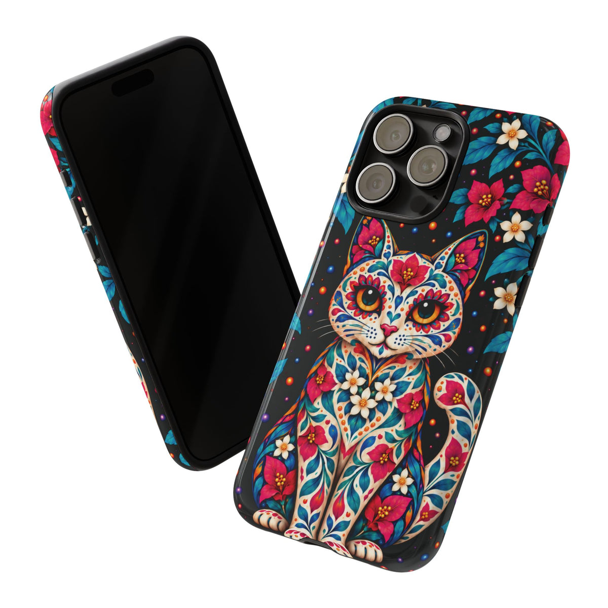 Vibrant Pink and Turquoise Calavera Cat Phone Case - Multicolor Phone Case