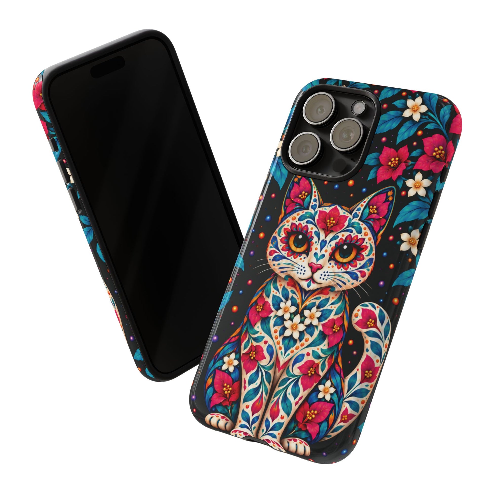 Vibrant Pink and Turquoise Calavera Cat Phone Case - Multicolor Phone Case