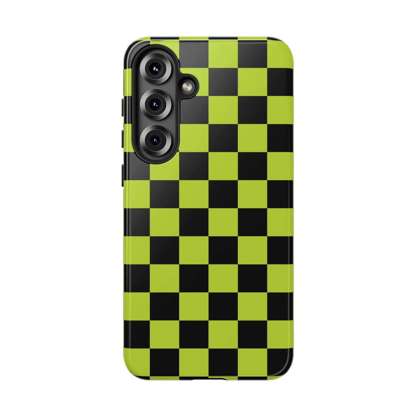 Samsung Galaxy S25 Plus / Glossy Phone Case - Trendy Neon Lime Green & Black Checked Pattern Phone Case