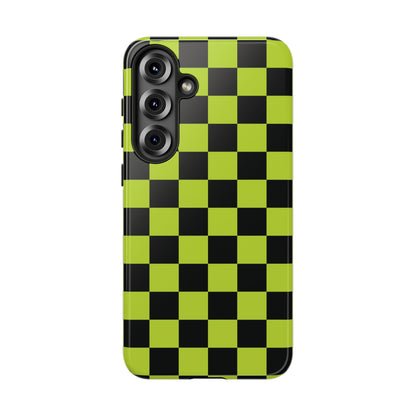 Samsung Galaxy S25 Plus / Glossy Phone Case - Trendy Neon Lime Green & Black Checked Pattern Phone Case