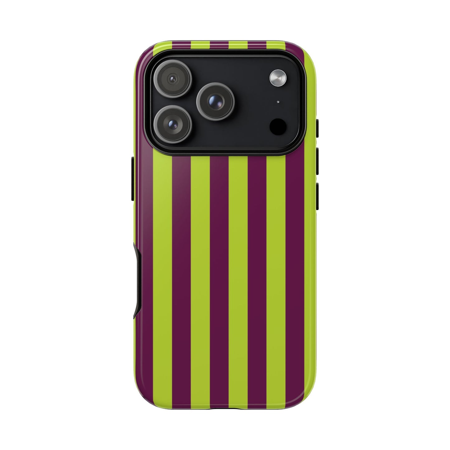 iPhone 17 Pro / Glossy Phone Case - Trendy Neon Lime Green & Plum Stripe Pattern Phone Case