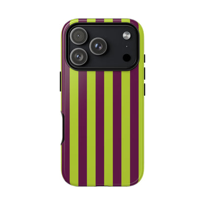 iPhone 17 Pro / Glossy Phone Case - Trendy Neon Lime Green & Plum Stripe Pattern Phone Case