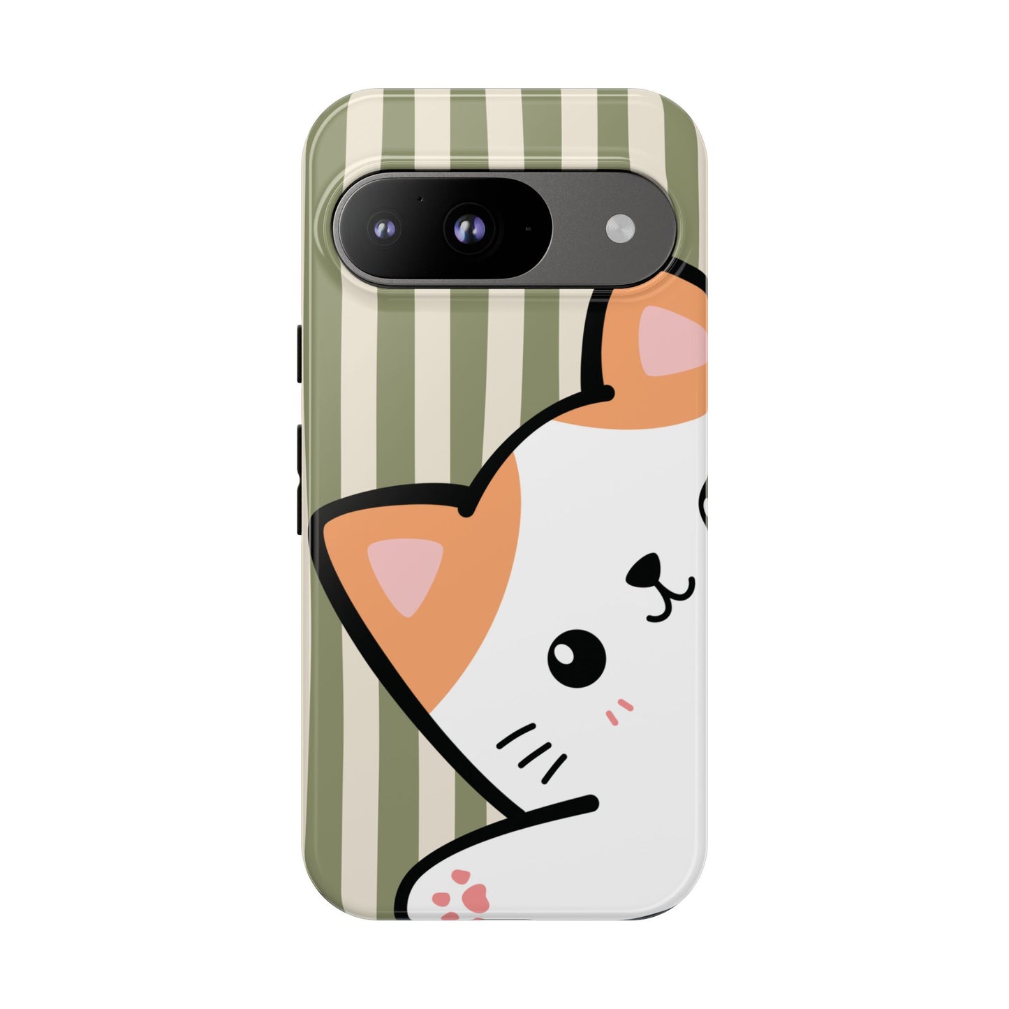 Google Pixel 9 / Glossy Phone Case - Peakaboo Cat with Green Stripe Pattern Phone Case