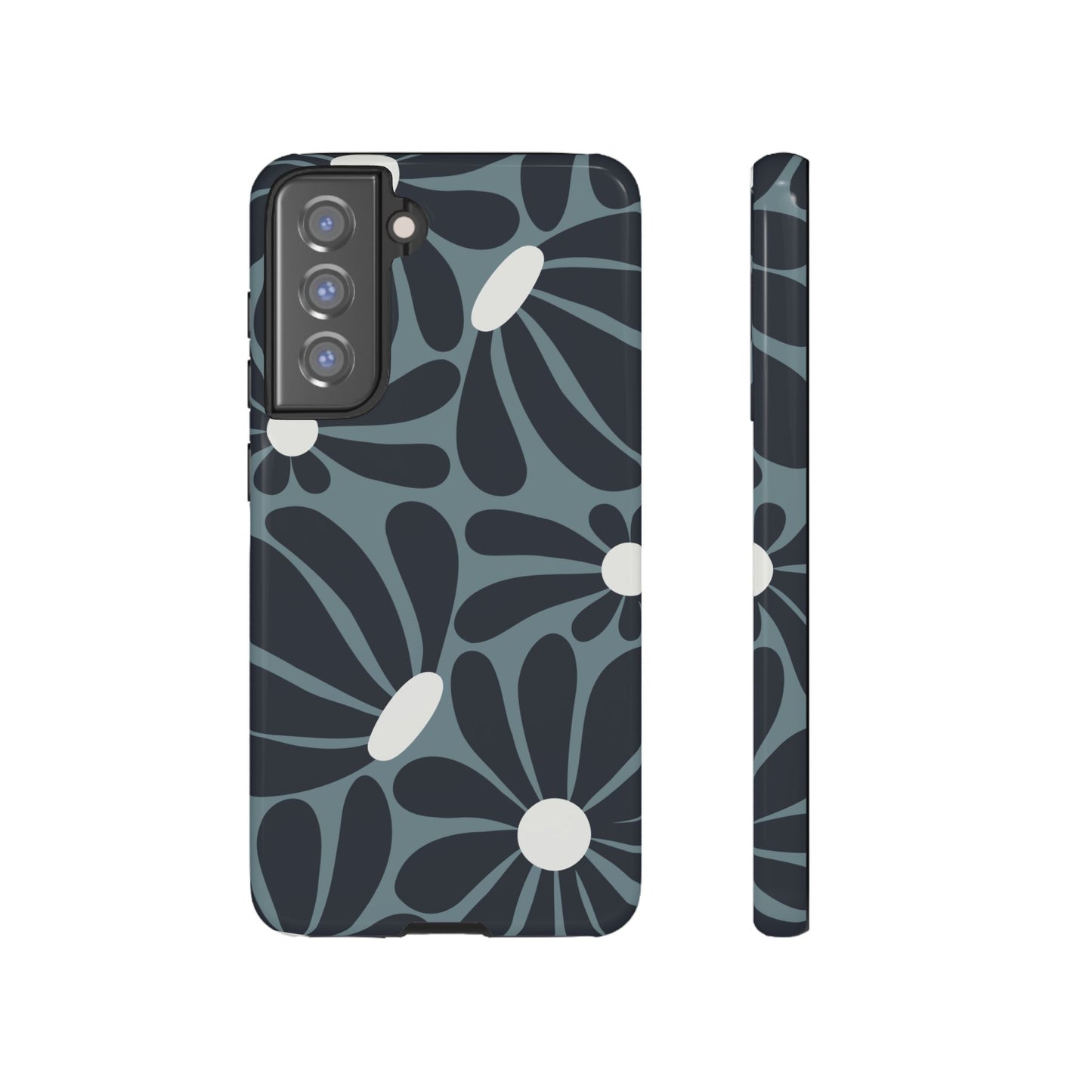 Samsung Galaxy S21 FE / Glossy Phone Case - ’Retro Navy Blue & White Daisy Pattern’ Phone Case