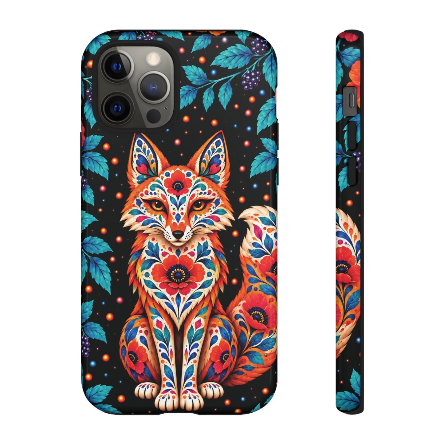 Vibrant Orange and Turquoise Calavera Fox Phone Case - Multicolor Phone Case - iPhone 12 Pro / Glossy