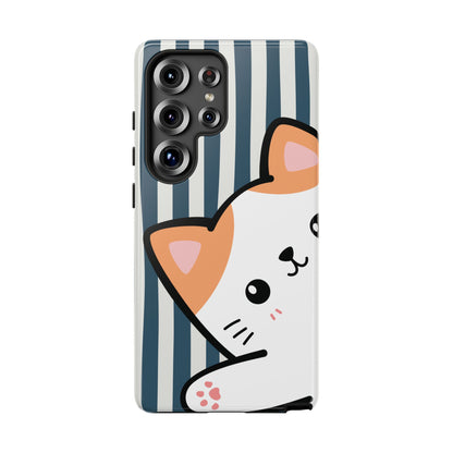 Playful Peakaboo Cat with Blue Stripe Pattern Phone Case - Blue Phone Case - Samsung Galaxy S25 Ultra / Glossy