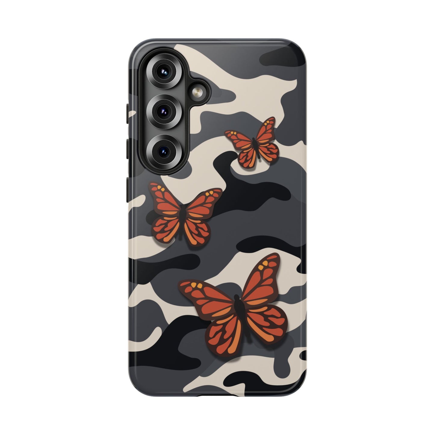 Samsung Galaxy S25 / Glossy Phone Case - Black & Orange Butterfly Camo Phone Case