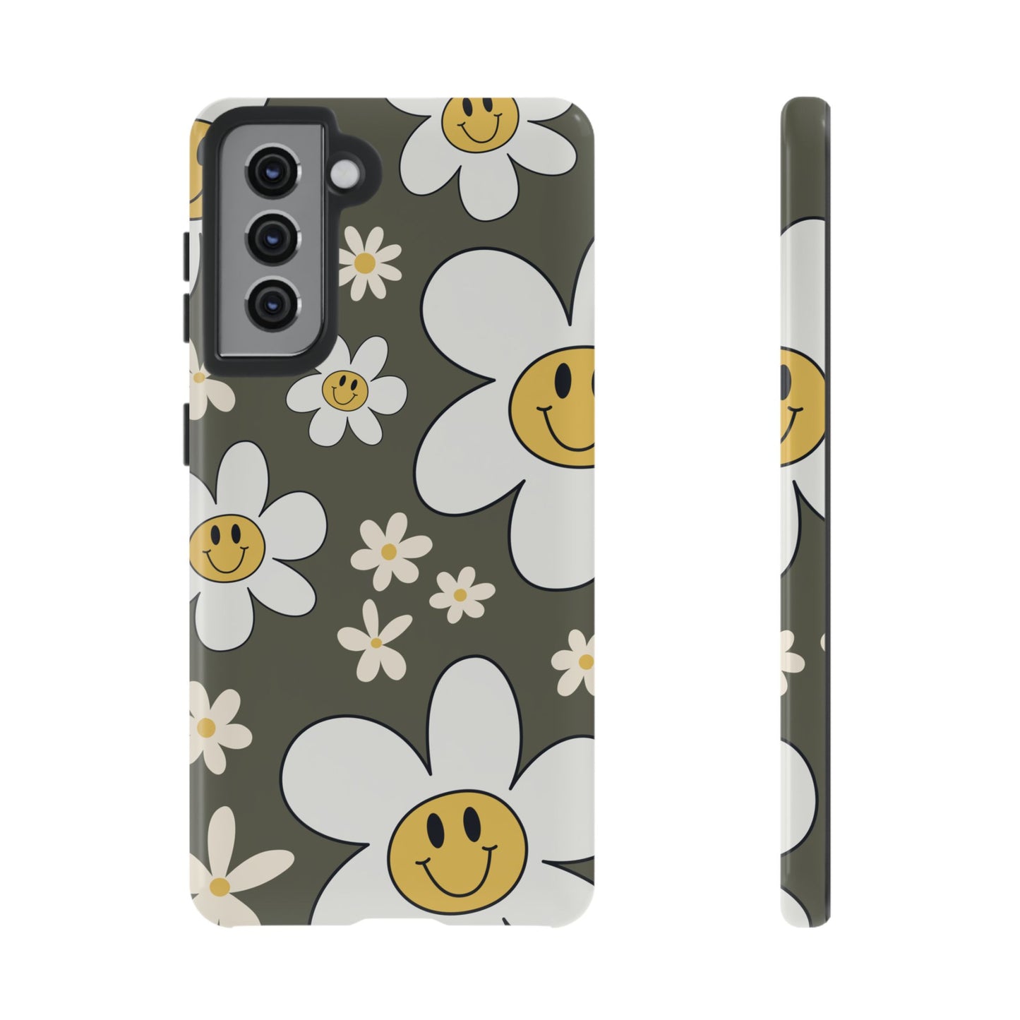 Samsung Galaxy S21 / Glossy Phone Case - Fun Retro Daisy Pattern with Olive Green Background Phone Case