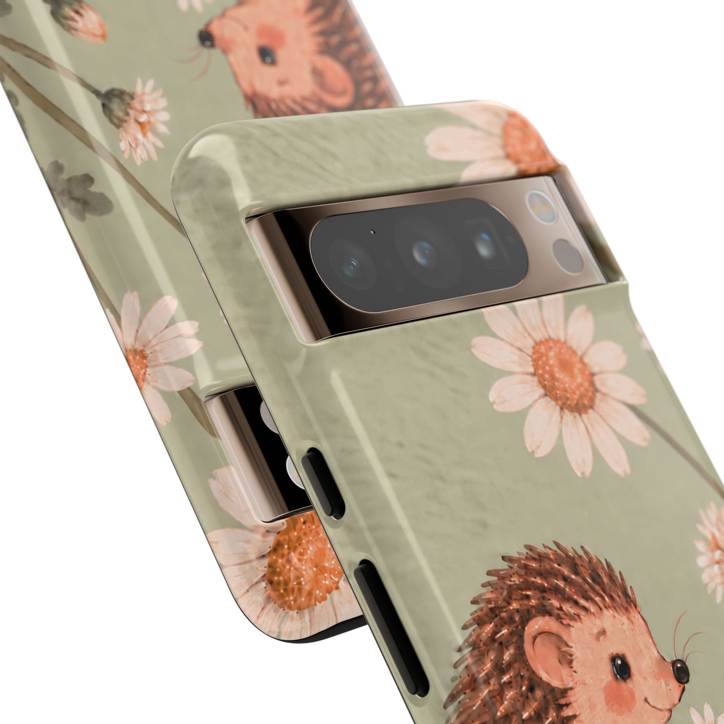 Whimsical Sage Green Hedgehog and Daisy Chain Phone Case - Green Phone Case