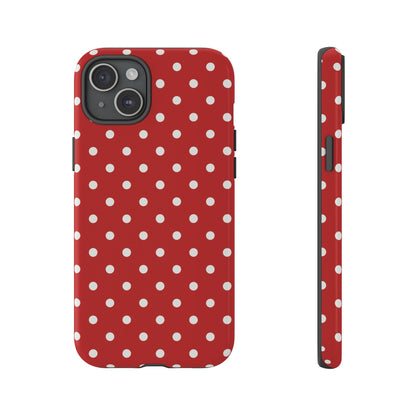 iPhone 15 Plus / Glossy Phone Case - Red with White Dot Pattern Phone Case