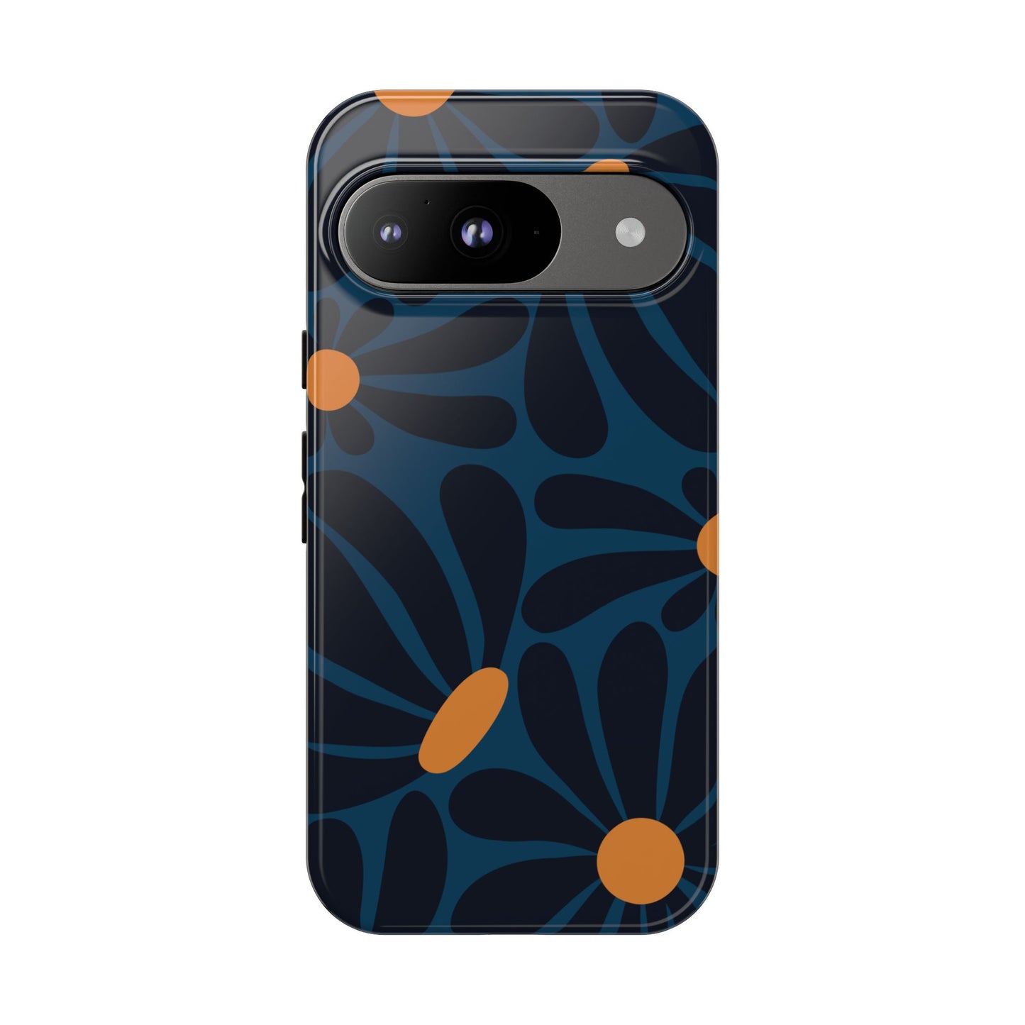 Google Pixel 9 / Glossy Phone Case - ’Dark Blue & Orange Daisy Pattern’ Phone Case