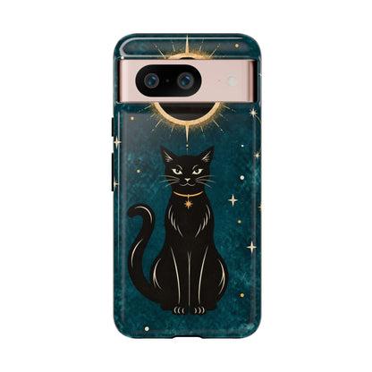 Whimsical Teal Celestial Black Cat Phone Case