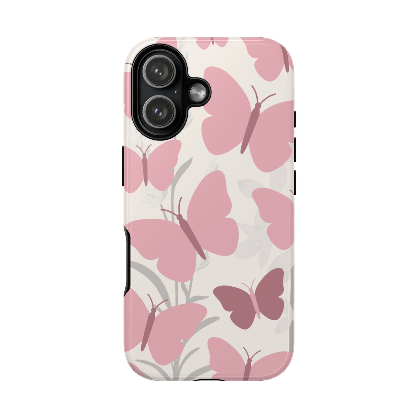 iPhone 17 / Glossy Phone Case - Minimalist Cream & Pink Butterfly Pattern Phone Case