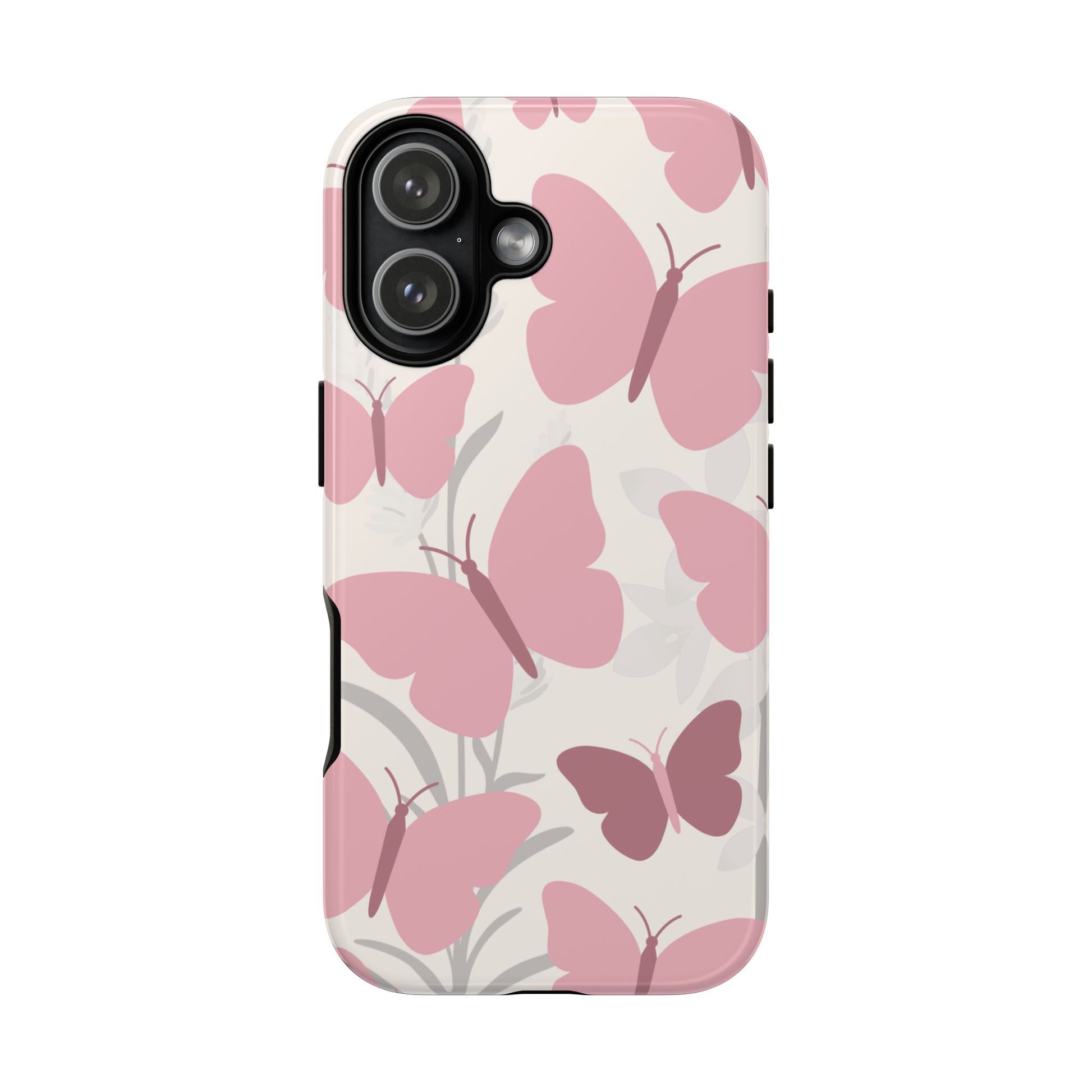 iPhone 17 / Glossy Phone Case - Minimalist Cream & Pink Butterfly Pattern Phone Case
