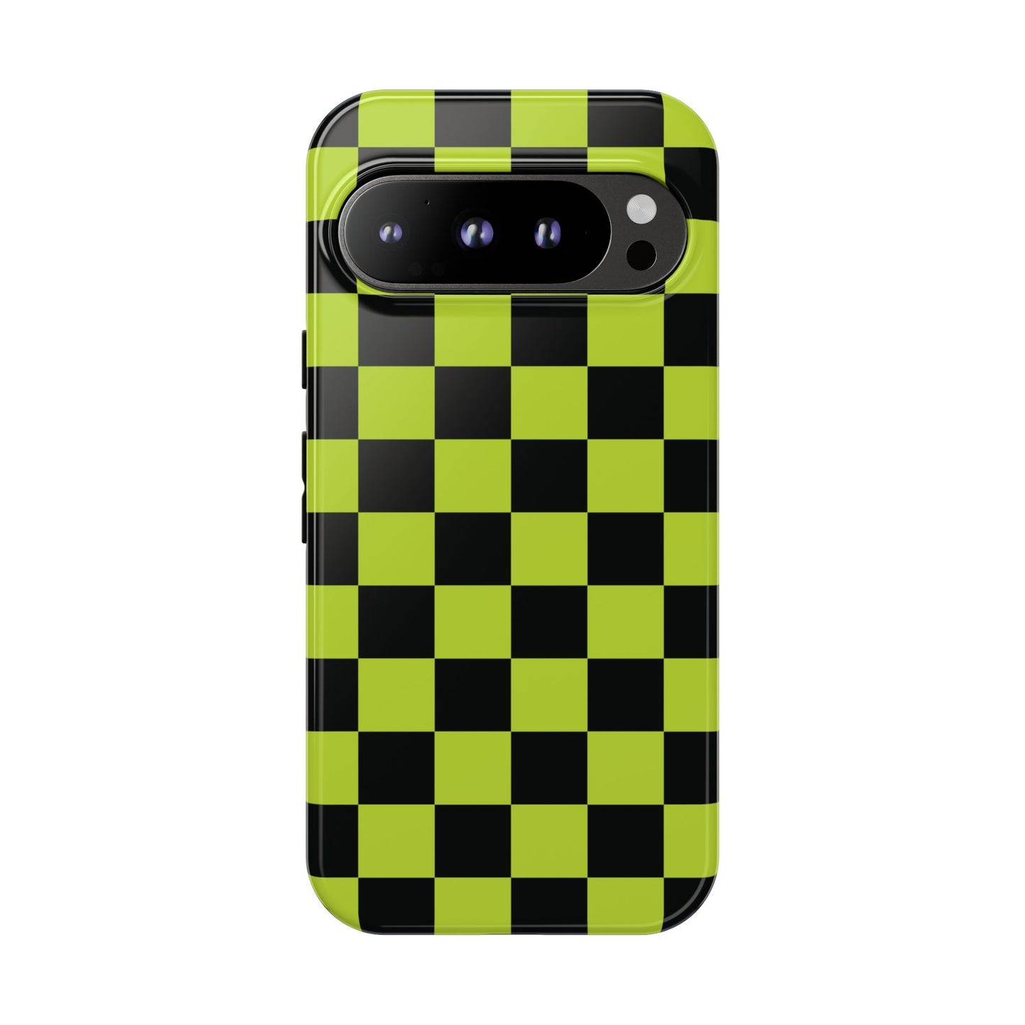 Google Pixel 9 Pro / Glossy Phone Case - Trendy Neon Lime Green & Black Checked Pattern Phone Case