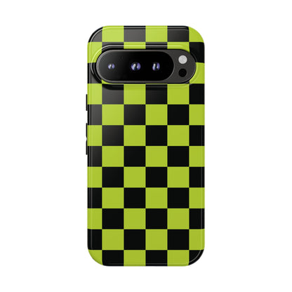 Google Pixel 9 Pro / Glossy Phone Case - Trendy Neon Lime Green & Black Checked Pattern Phone Case