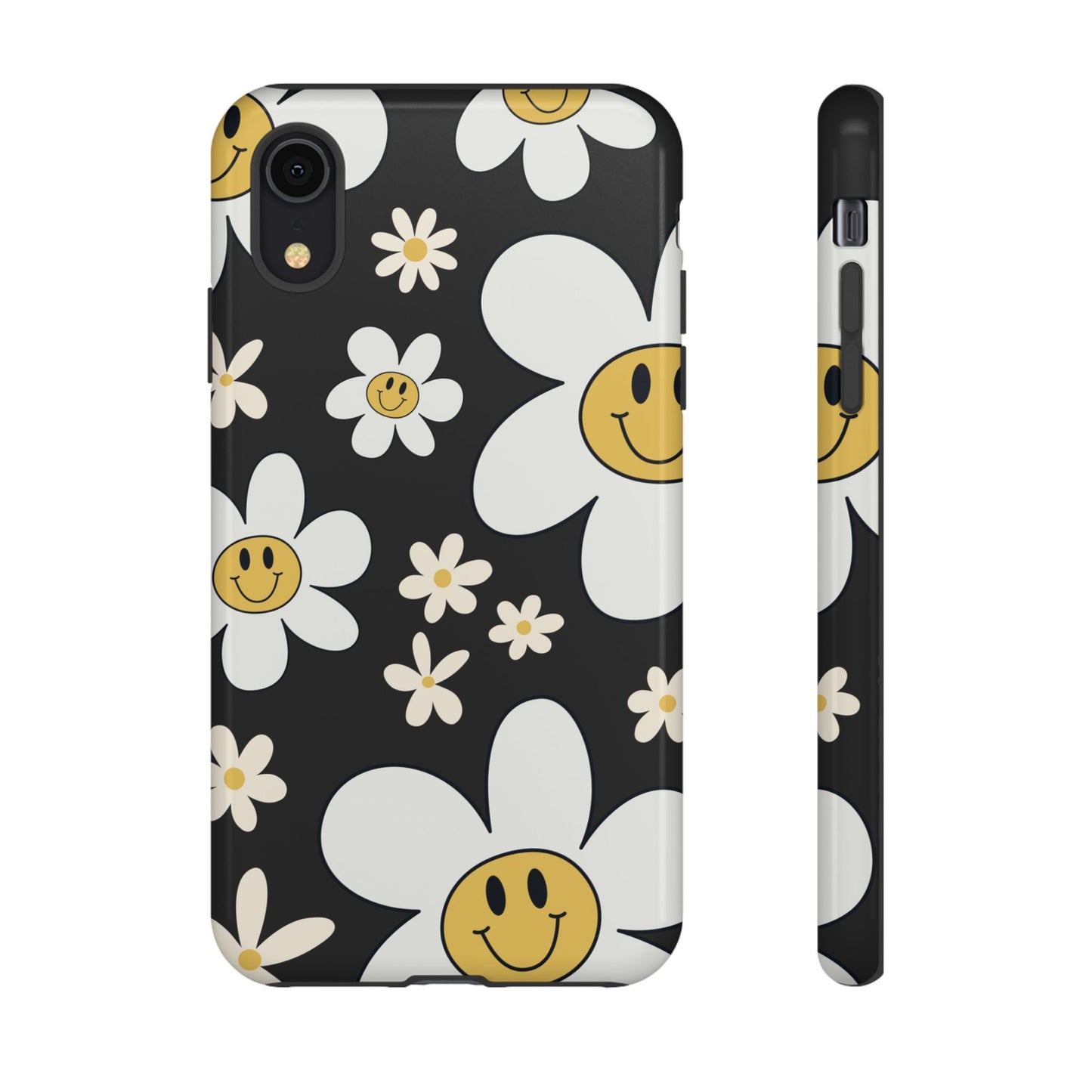iPhone XR / Glossy Phone Case - Fun Retro Daisy Pattern with Dark Grey Background Phone Case