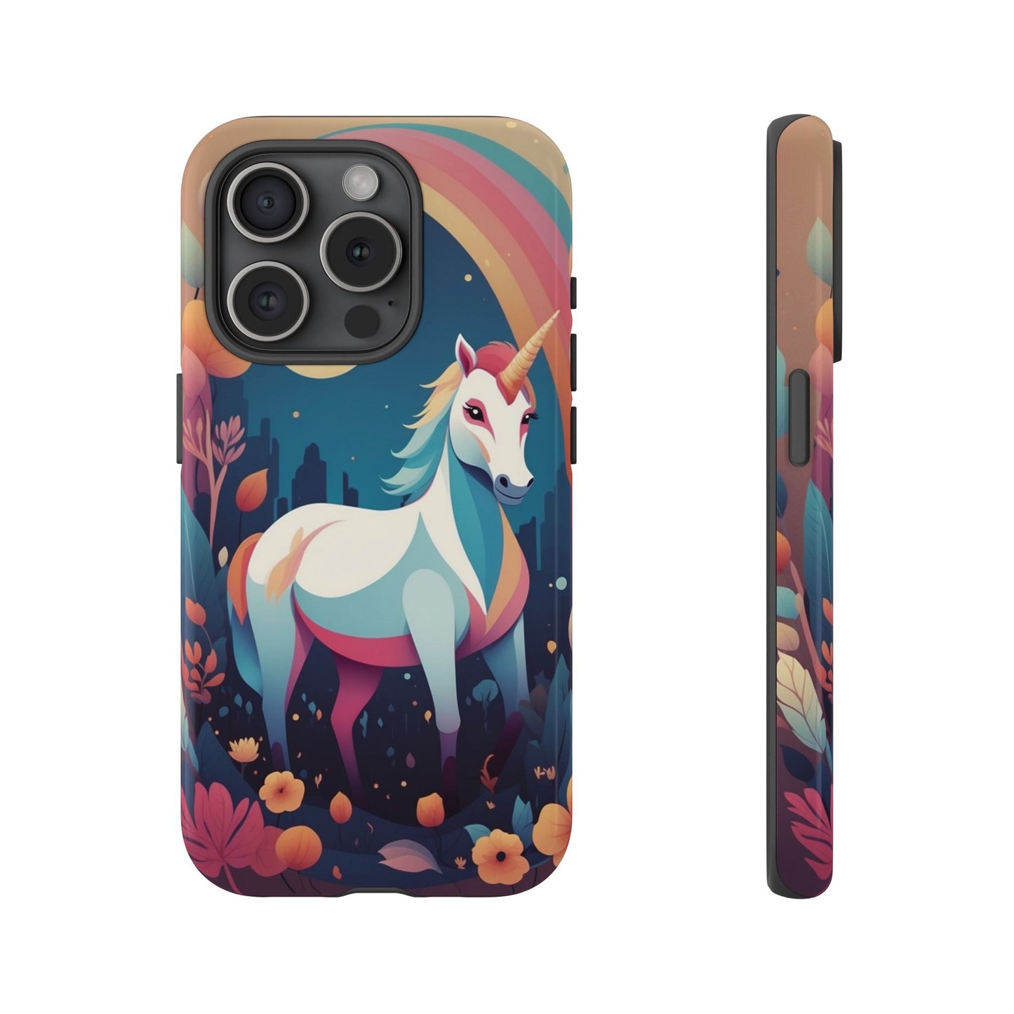 iPhone 15 Pro / Glossy Phone Case - Stylised Unicorn & Rainbow Design Phone Case